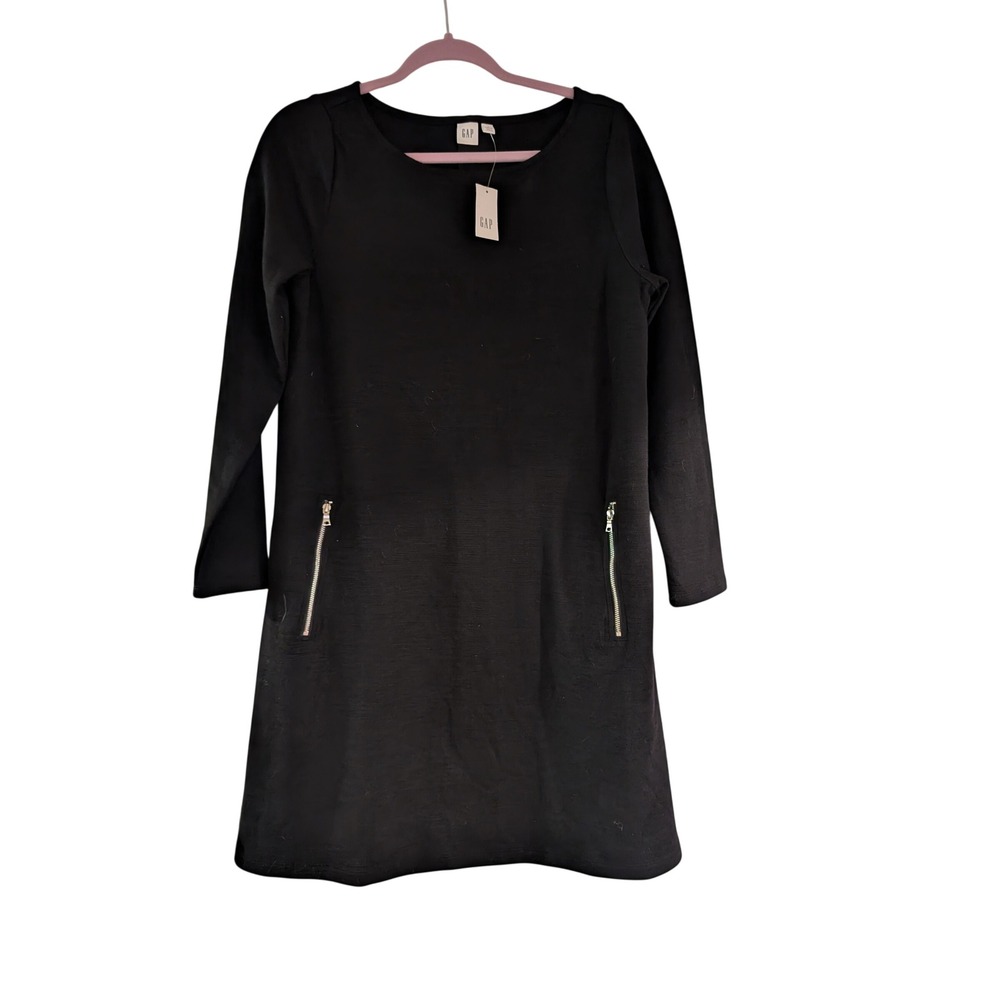 Gap Long Sleeve Shift Dress Womens Large Petite Black Zipper Pockets NWT